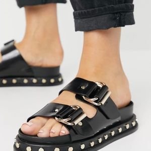 ASOS FOSTER BLACK DOUBLE GOLD BUCKLE SANDAL PLATFORM w STUDS. NIB  81/2-9
